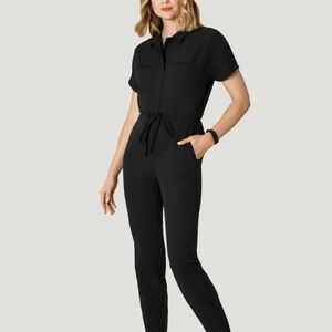 Women's Black Short-Sleeve Tie-Waist Utility Jumpsuit